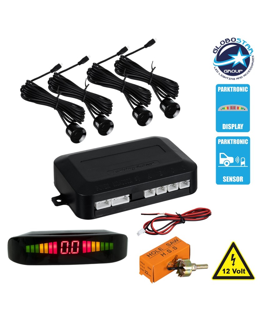 GloboStar® 86001 Σύστημα Παρκαρίσματος Parktronic DC 12V με 4 Μαύρους Αισθητήρες - Οθόνη LED Indicator και Ηχείο (Buzzer)